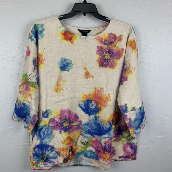 Ali Miles Shirt Womens XL Beige Linen Blend Floral 3/4 Sleeve Button Back Tunic - Picture 1 of 7